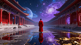 科幻风古建筑夜景人物设计素材