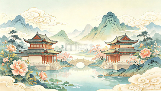 牡丹山水画云中楼阁