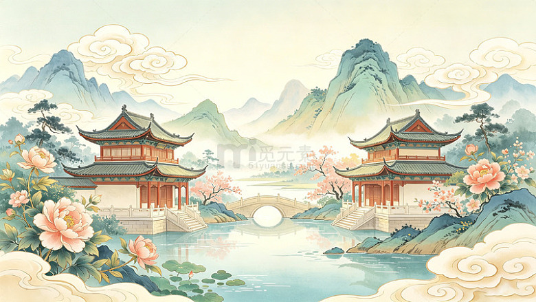 牡丹山水画云中楼阁