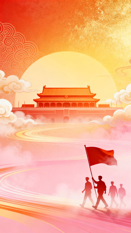 国风插画天安门红旗前行剪影设计素材
