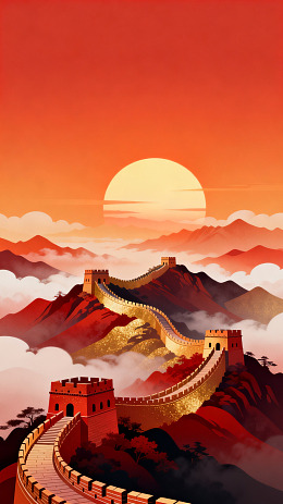 插画风长城日出山水设计素材
