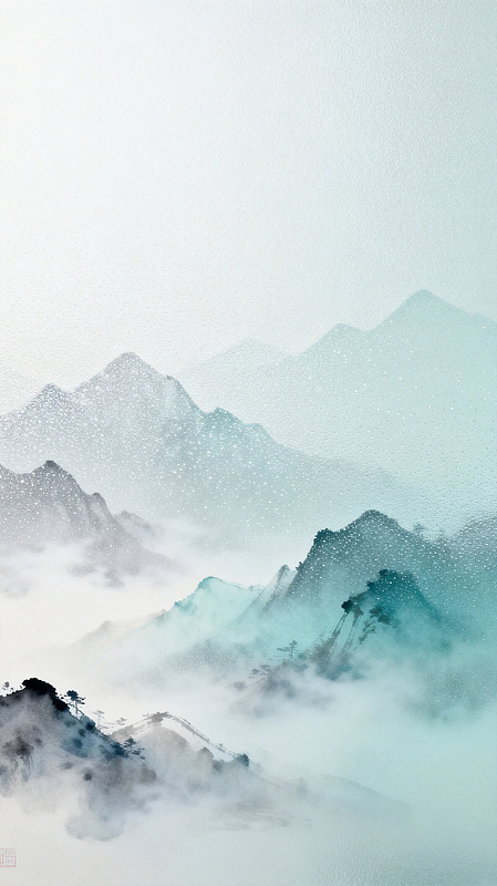 水墨风雪中山峦意境插画素材