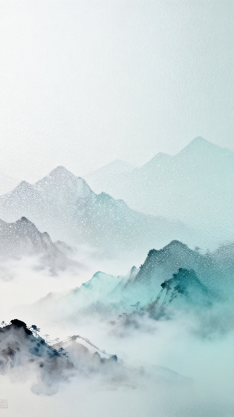 水墨风雪中山峦意境插画素材