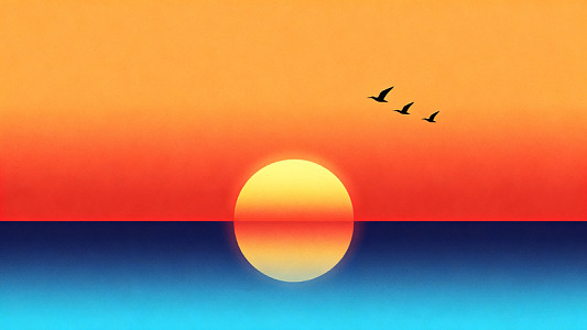 扁平风日落海面飞鸟插画设计素材