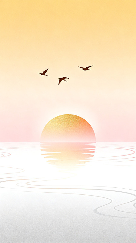 极简风日出海面飞鸟插画设计素材