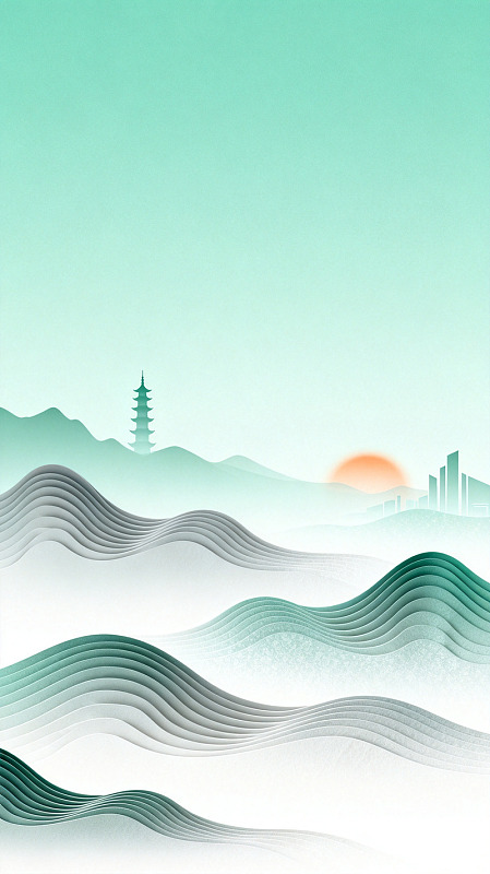 纸艺风山水塔楼日出插画设计素材