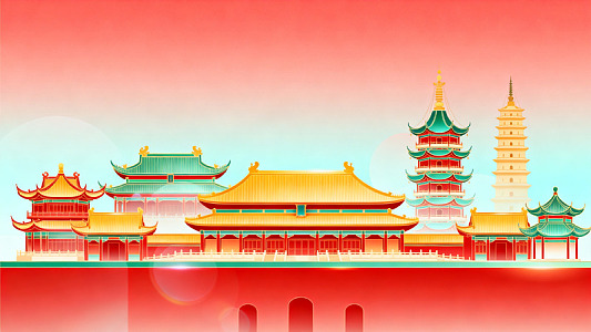 卡通风中国古建筑群插画设计素材