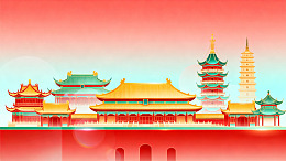卡通风中国古建筑群插画设计素材