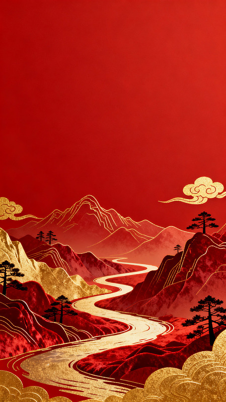 国风红色山水画卷设计素材