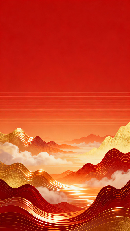 国风红色山水云海插画背景素材