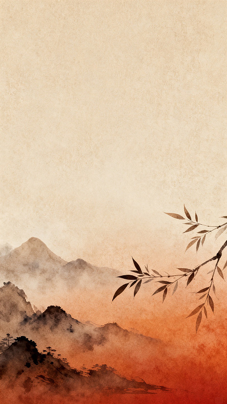 水墨风山水意境枝叶插画素材
