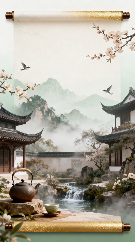 国风山水庭院茶境卷轴设计素材
