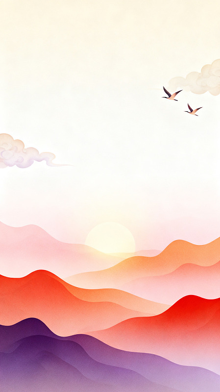 国风山水日出飞鸟插画设计素材