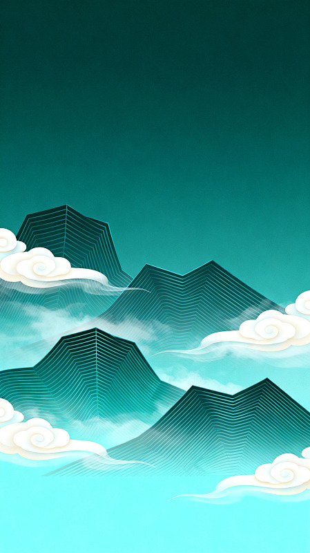 国风山水云雾线条插画设计素材