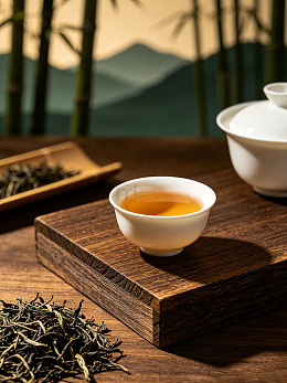 中国风水墨风茶室品茶赏景茶杯照片