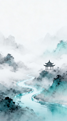 水墨风山水亭台意境插画素材