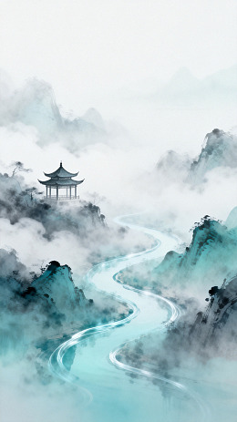 水墨风山水亭台风景插画素材