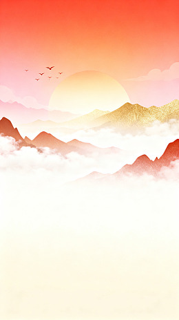 国风山水日出云海插画背景素材