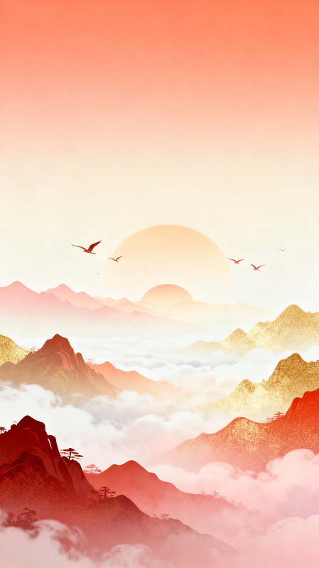 国风山水日出云海插画设计素材