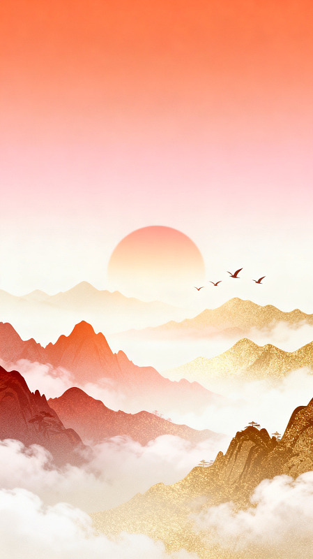 国风山水日出云海插画设计素材