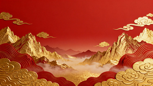 国风山水金红祥云背景设计素材