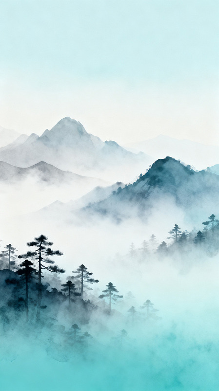 水墨风山水云雾松林设计素材