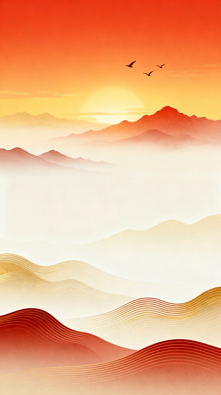 国风山水日出飞鸟插画设计素材