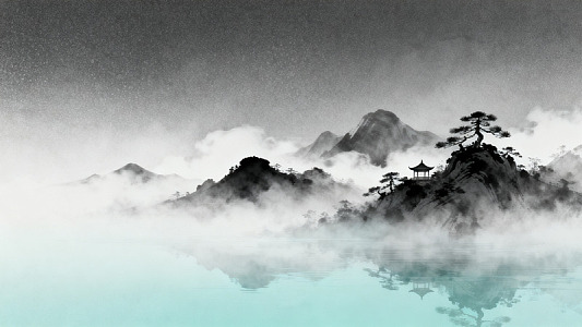 水墨风山水云雾亭台插画素材