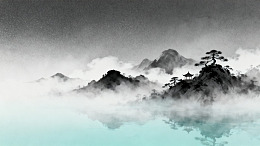 水墨风山水云雾亭台插画素材