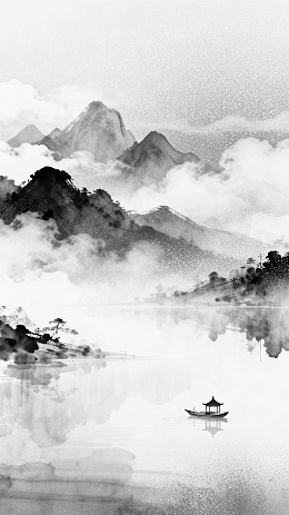 水墨风山水画小舟湖景设计素材