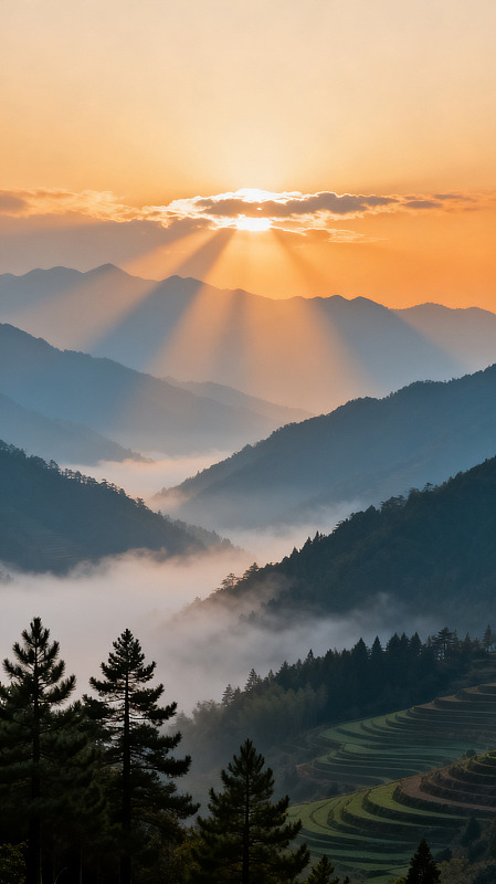 风日出山峦梯田风光素材