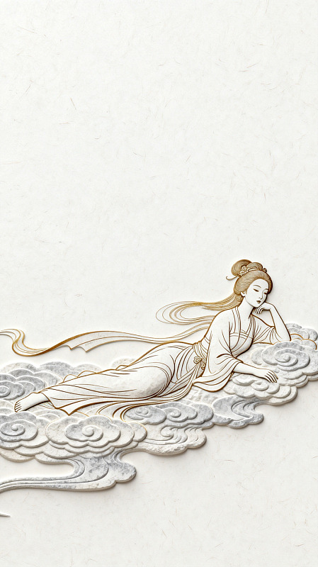 国风线描仕女云上休憩设计素材