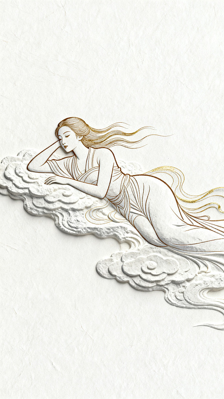 国风线描云中仙子插画设计素材