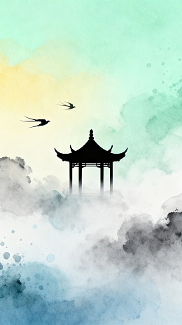 水墨风古亭飞鸟云雾插画素材