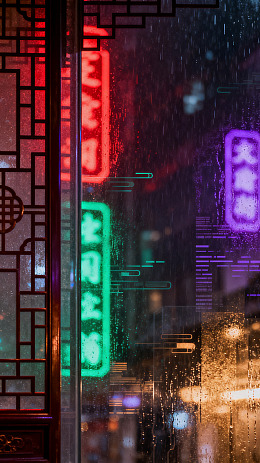 赛博朋克雨夜霓虹窗景设计素材