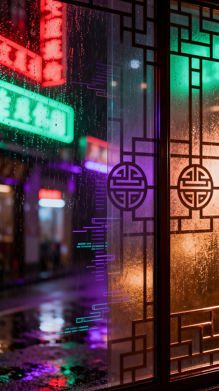 赛博朋克风雨夜霓虹窗格设计素材