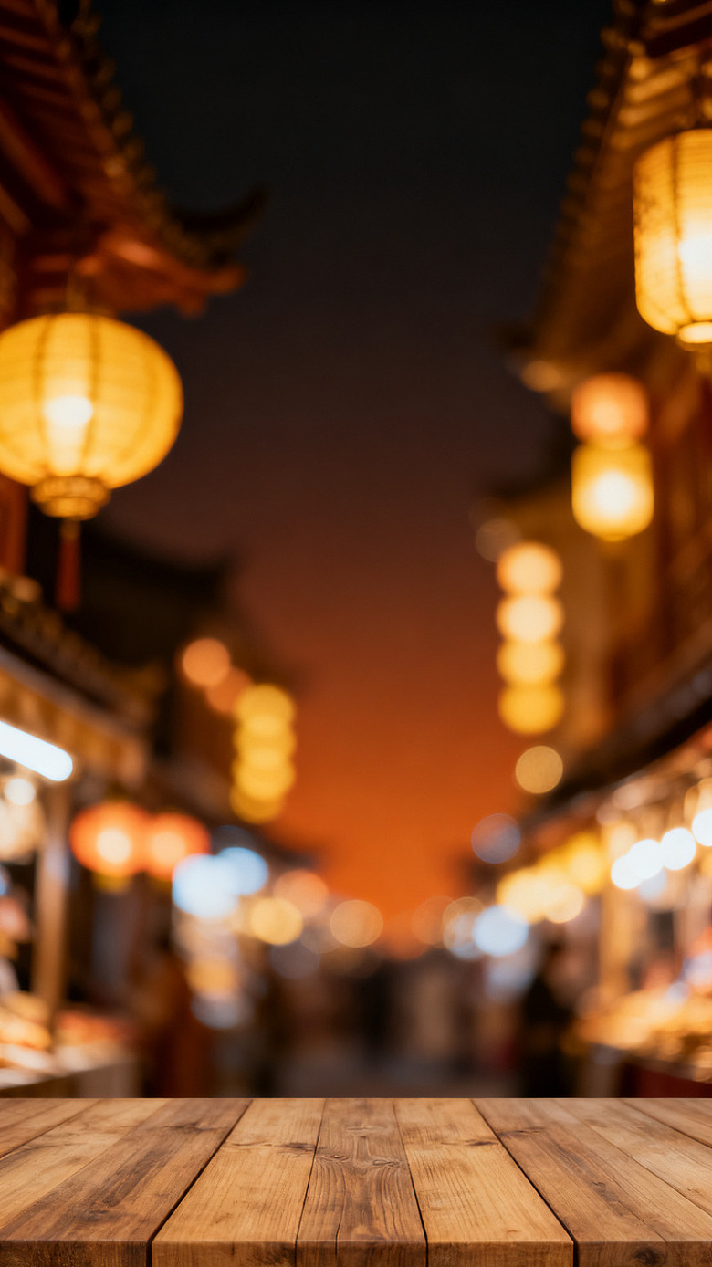 夜景风古街灯笼木质桌面设计素材
