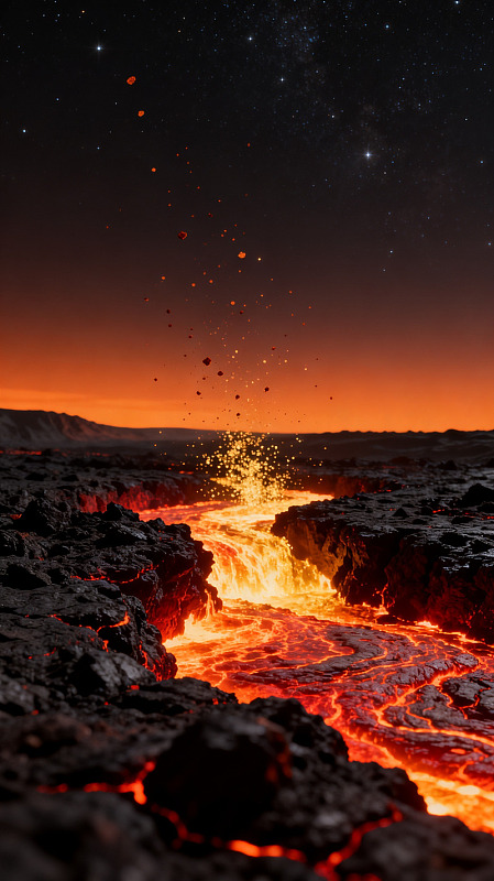 写实风火山熔岩夜景素材