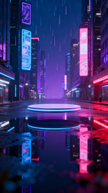 赛博朋克雨夜霓虹城市场景设计素材