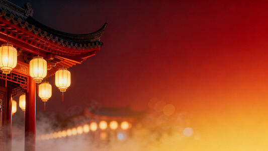 国风夜景古建筑灯笼设计素材