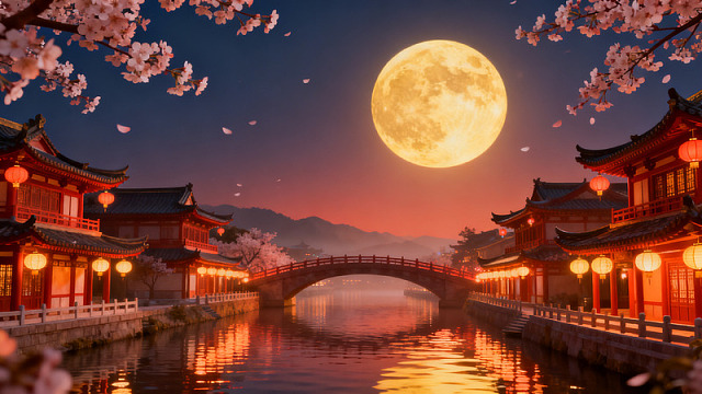 国风夜景樱花古桥插画设计素材