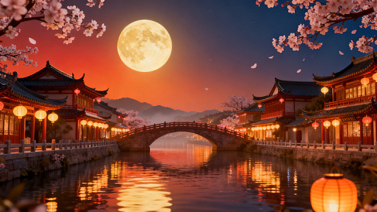 国风夜景古桥樱花月光设计素材