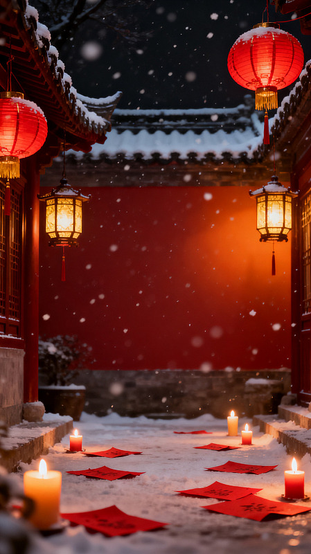 国风雪夜红墙灯笼设计素材
