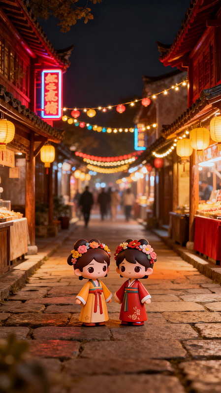 卡通风古街夜景手办设计素材