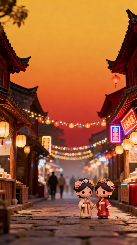 卡通风古街夜景手绘人物设计素材