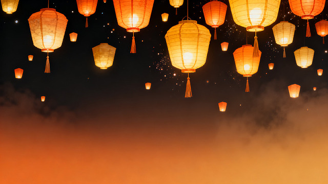 插画风夜空灯笼光影设计素材