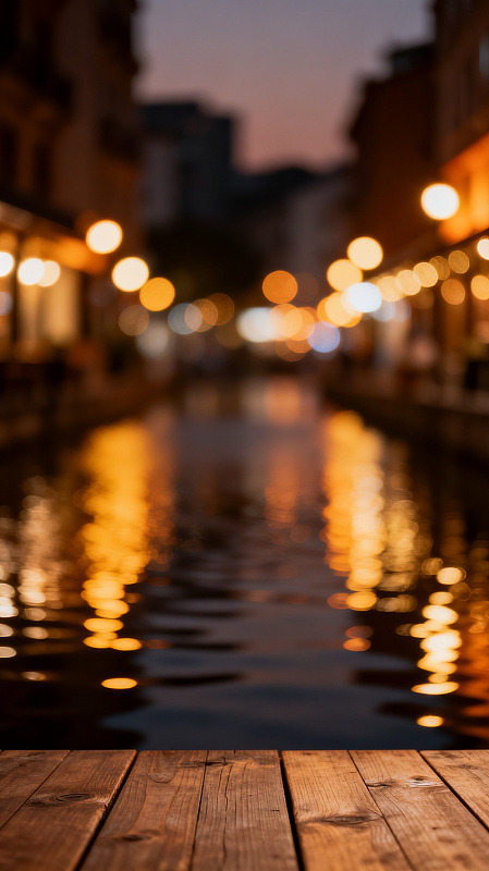 夜景风水道灯光倒影木板平台设计素材