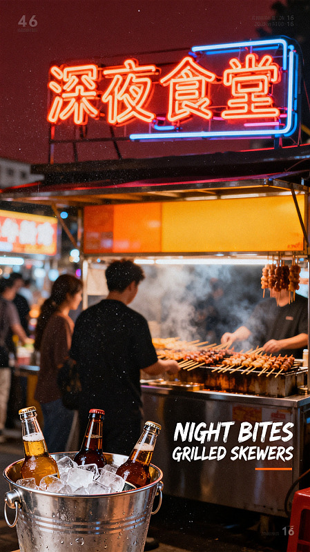 霓虹风深夜食堂烧烤摊设计素材