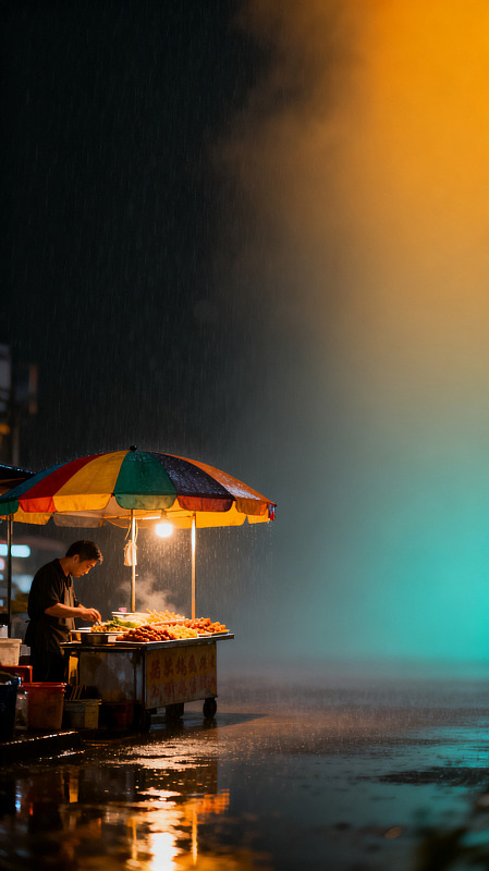 夜景风雨中摊贩灯光素材