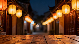 夜景风古街灯笼木质桌面设计素材